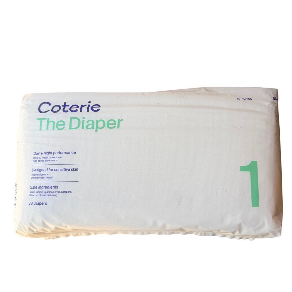 Coterie The Diaper Size 1 White 33 Count 8-12 lbs Sealed Pack Plant Based
